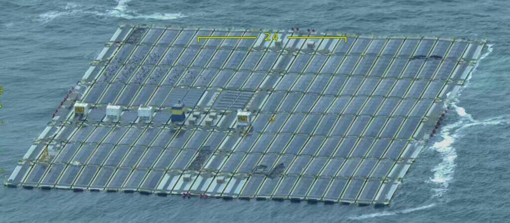 Drijvende zonnepanelen op de Noordzee vanuit de lucht gefotografeerd.